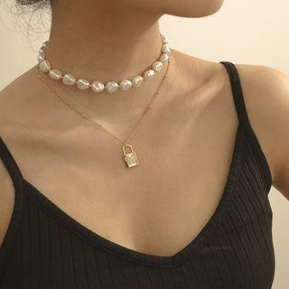 Alloy Padlock Pendant Faux Pearl Layered Choker 1 Pc - 0752 - Gold - One Size