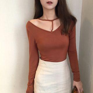 Plain Halter Slim-fit Long-sleeve Top