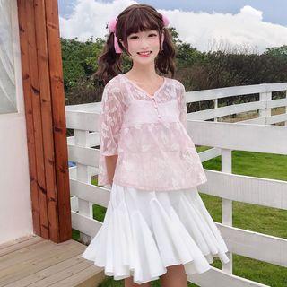 Short-sleeve Lace Top / A-line Skirt
