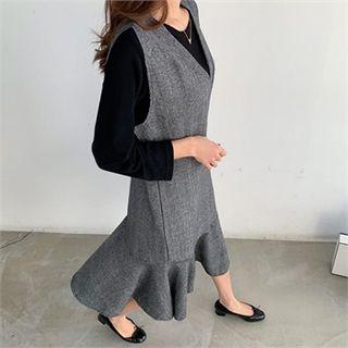 Set: Long Mermaid Pinafore Dress + Round-neck T-shirt Black - One Size