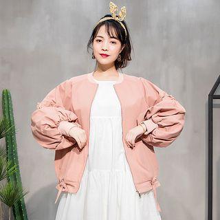 Puff-sleeve Frill Trim Zip Jacket