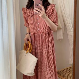 Short-sleeve Collar Plaid Midi Smock Dress Red - One Size