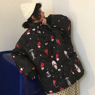 Christmas Patterned Padded Button Jacket Black - One Size