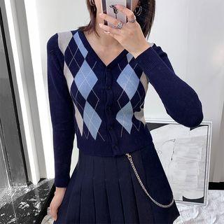 Button-down Argyle Knit Top