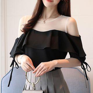 Mesh Panel Cut Out Shoulder Short Sleeve Blouse