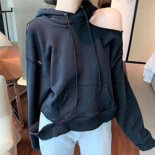Cold Shoulder Hoodie Dark Blue - One Size
