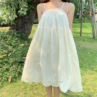 Long-sleeve Floral Print T-shirt / Spaghetti Strap A-line Midi Dress