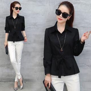 Long-sleeve Drawstring Plain Blouse