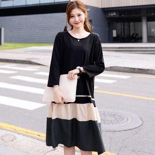 Color-block Long-sleeve Midi T-shirt Dress