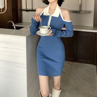 Long-sleeve Cold Shoulder Knit Sheath Dress