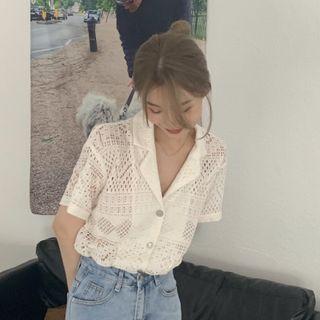 Short-sleeve Open-collar Eyelet Lace Shirt