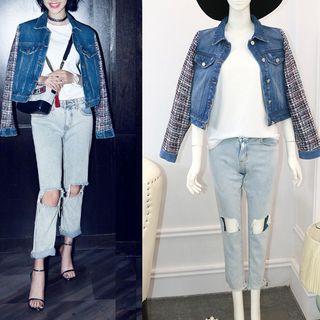 Short-sleeve T-shirt/distressed Jeans/denim Jacket