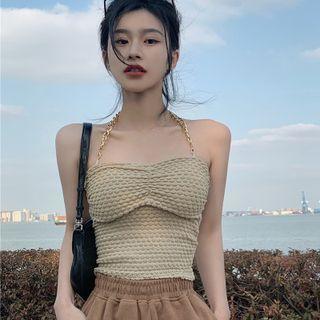 Halter-neck Chained Shirred Top Gold & Beige - One Size