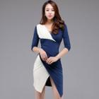 Two-tone 3/4-sleeve Asymmetric Sheath Dress