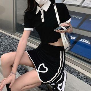 Short-sleeve Polo Shirt / Heart Print Pencil Skirt