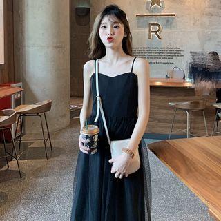 Spaghetti Strap Polka Dot Mesh Overlay A-line Midi Dress