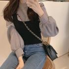 Set: Gingham Mock-neck Blouse + Knit Tank Top