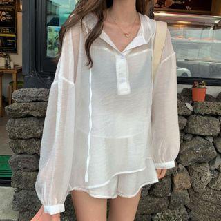 Sheer Hoodie / Spaghetti Strap Top / Wide-leg Shorts