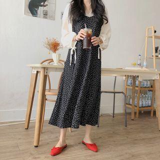 Plain Split-neck Blouse / Spaghetti Strap Dotted Midi Dress