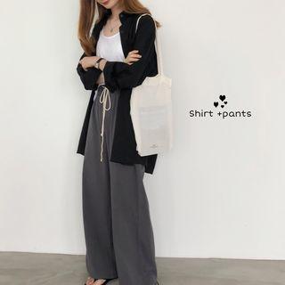 Plain Shirt / Drawstring Wide-leg Pants