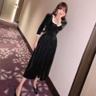 Square-neck Velvet Midi A-line Dress