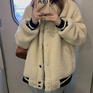 Long Sleeve Contrast Line Letter Embroidered Lambswool Baseball Jacket Off-white - One Size