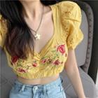 Flower Embroidered Puff-sleeve Crop Top