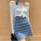 Halter-neck Striped Mini Sheath Knit Dress / Long-sleeve Button T-shirt