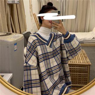 Turtleneck Long-sleeve Top / Plaid Knit Pullover