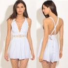 Lace-panel Striped Playsuit