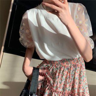 Puff-sleeve Floral Mesh Knit Top