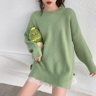 Long-sleeve Split Hem Plain Sweatshirt