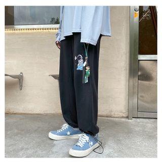 Astronaut Print Drawstring-cuff Wide-leg Pants