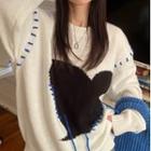 Contrast Stitching Heart Print Sweater White - One Size