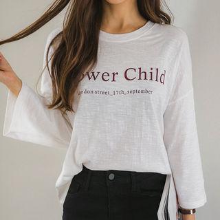 3/4-sleeve Letter Print T-shirt Brown - One Size
