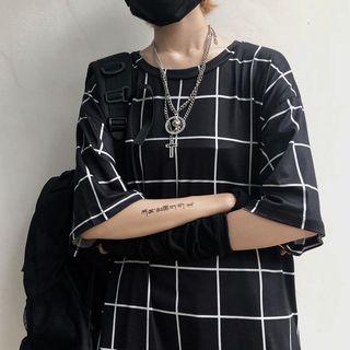 Plaid Short-sleeve T-shirt Black - One Size