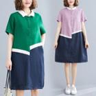 Contrast Color Half-button Short-sleeve Midi A-line Dress
