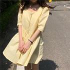 Elbow-sleeve Buttoned A-line Mini Dress Light Yellow - One Size