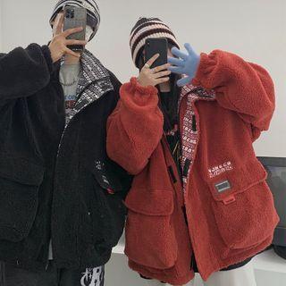 Couple Matching Reversible Lettering Fleece Zip-up Jacket