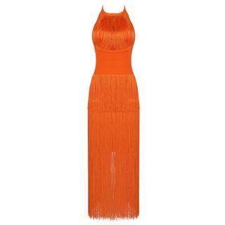 Halter-neck Fringed Midi Bodycon Dress