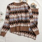 Set: Argyle Print Cardigan + Knit Skirt Set Of 2 - Cardigan & Knit Skirt - Coffee - One Size