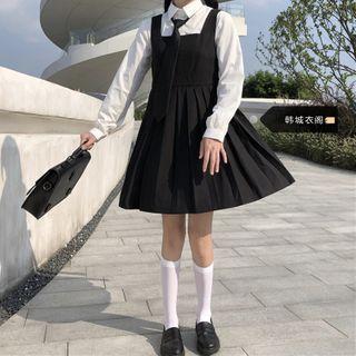Long-sleeve Tie-neck Shirt / Mini A-line Jumper Dress