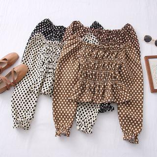 Off-shoulder Dotted Smocked Crop Top