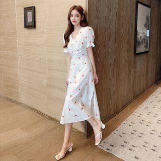 Floral Embroidered Ruffle Trim Puff-sleeve Slit Midi A-line Dress