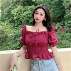 Puff-sleeve Shirred Frill Trim Crop Top Wine Red - One Size
