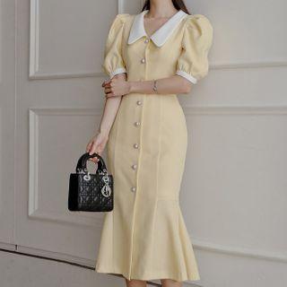 Balloon-sleeve Faux Pearl Midi Sheath Dress
