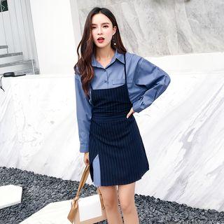 Set: Long-sleeve Shirtdress + Striped Spaghetti-strap Mini Dress