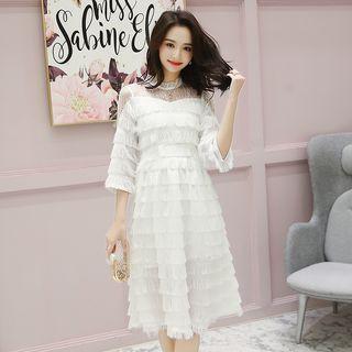 Lace Panel Fringe 3/4-sleeve A-line Dress