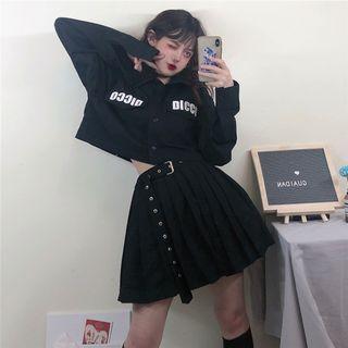 Letter Shirt / Pleated Mini Skirt