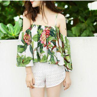 Set: Off-shoulder 3/4-sleeve Floral Print Cover-up + Floral Print Bikini Top + Lace Swim Shorts